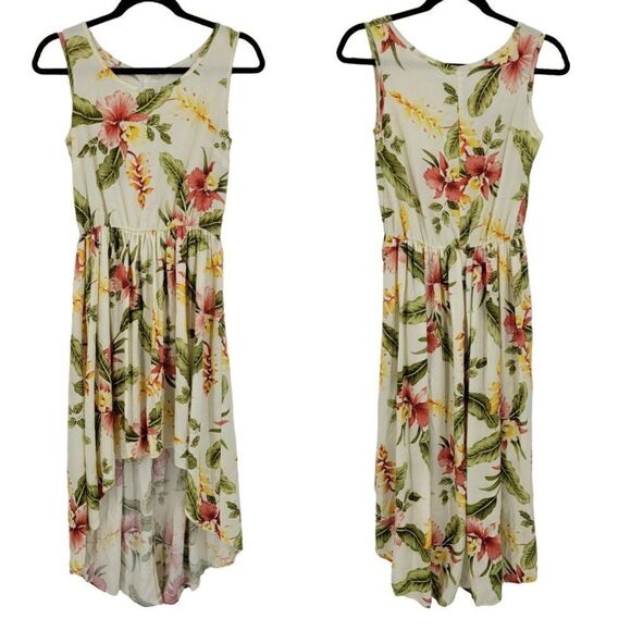 Vintage Two Palms Hi-low Blouson Tank Midi Dress S Yellow Pink Tropical Floral - Picture 1 of 11